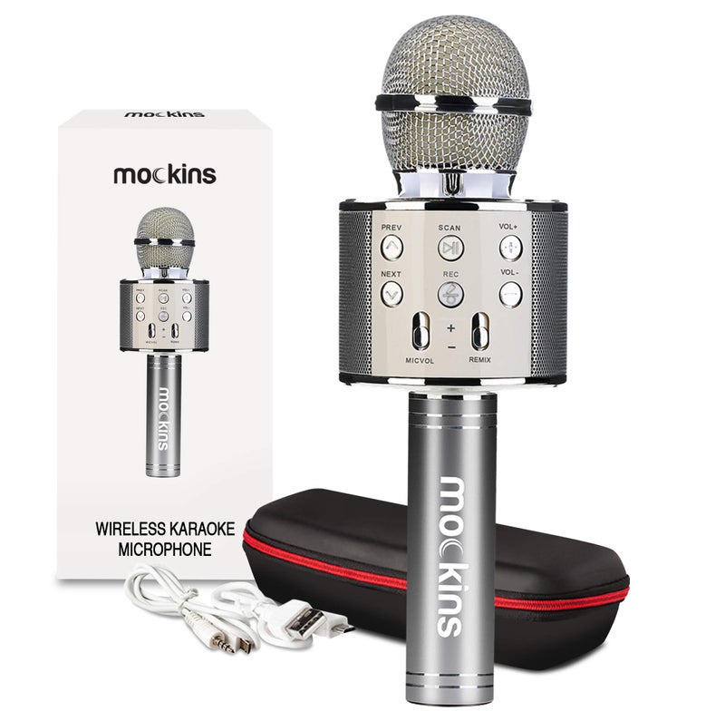 Mockins Silver Bluetooth Karaoke Microphone for Kids with Built in Wireless Speaker| Wireless Microphone Karaoke Compatible with iOS & Android | All-in-One Mic - Image 1